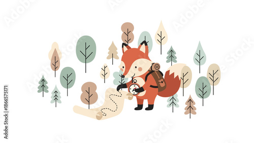 Adventurous Fox Cub Exploring Woodland With Map And Compass On a Hiking Trip