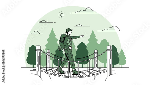 Adventurous Hiker Exploring Nature On A Wooden Bridge With Forest Background