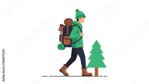 Adventurous Hiker Exploring Wilderness Walking With Backpack Near Pine Tree