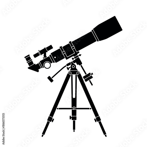 Vector illustration of a black telescope  on a tripod stand for astronomy and stargazing with space and science. 
This image shows a detailed of a black telescope  mounted on a study tripod stand.