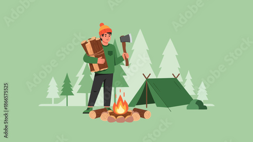 Adventurous Man Camping In The Wilderness With Axe And Firewood Around The Campfire