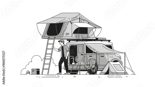 Adventurous Man Ascending Ladder to Car-Top Tent for Relaxing Outdoor Vacation