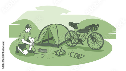 Adventurous Man Camping After Bicycle Tour Preparing Tent In The Nature
