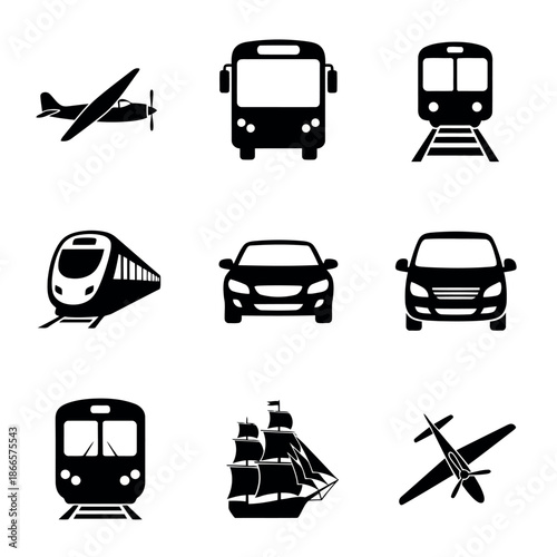 Vector illustration of various transportation icons including airplane bus train car ship with vehicle.
This image shows a collection of black icons depicting different modes of transportation.