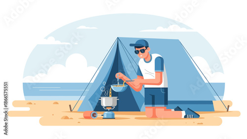 Adventurous Man Cooking Meal Outdoors At Beach Camping Site With Tent