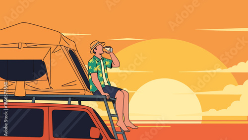 Adventurous Man Enjoying a Refreshment on a Rooftop Tent at Sunset
