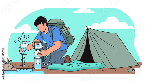 Adventurous Man Filtering Water While Camping In Wilderness Outdoors Scene