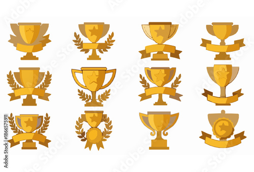 Decorative gold winner cup cartoon badge icon set for achievements competitions and web graphics