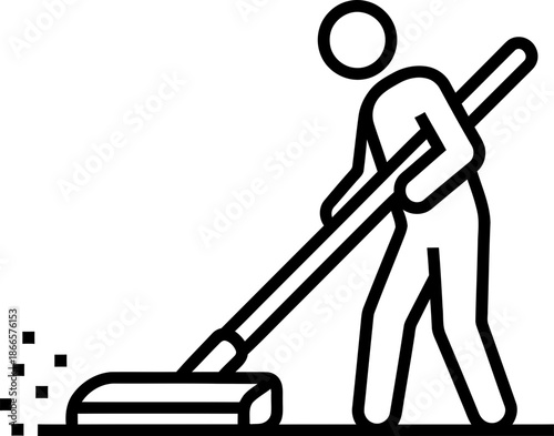 Man sweeping floor with broom cleaning dust and dirt. Tidying home and office. Outline vector icon for application, website, cleaning service