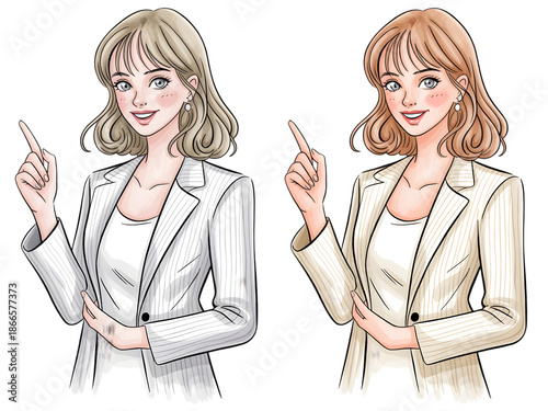 Professional businesswoman pointing upwards with confident smile, showcasing options for success