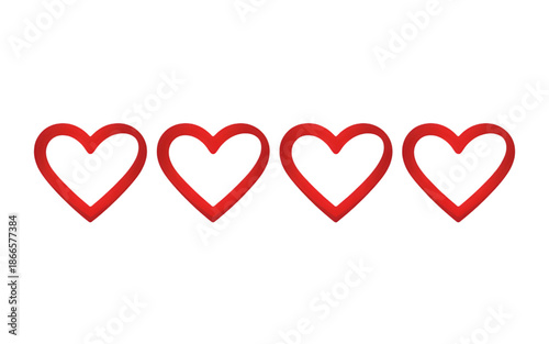 Four vibrant red hearts symbolizing love, affection, and connection, perfect for romantic designs