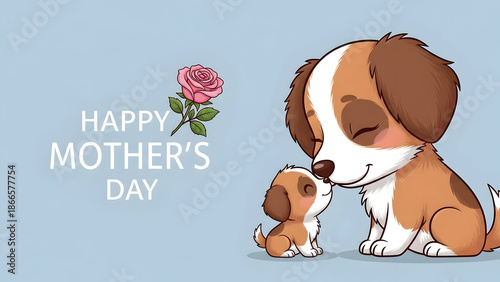 Cute cartoon mother and baby dog with rose and happy mothers day text puppy love mother's day