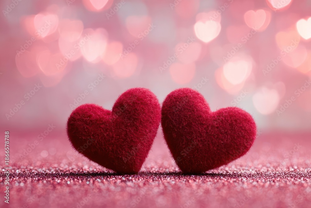 Fototapeta premium Red Hearts on Pink Glittery Surface with Bokeh Background