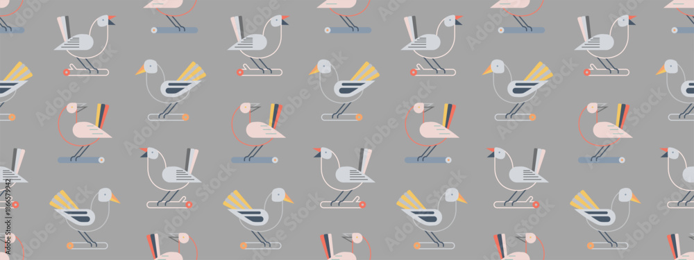 Fototapeta premium Seamless pattern with cute birds sitting on branches. Hand drawn autumn background with leaves, branches. Retro pattern with geometric birds, vector illustration