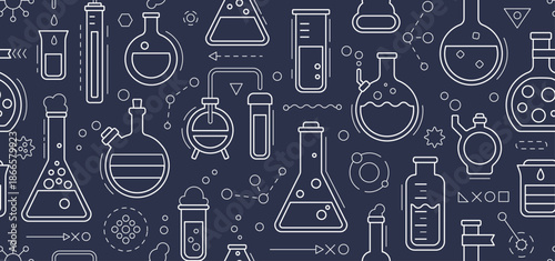 Seamless pattern - school chemistry background, geometric science laboratory background. Medical, chemical or biology lab, school education concept with tubes and flasks, vector illustration