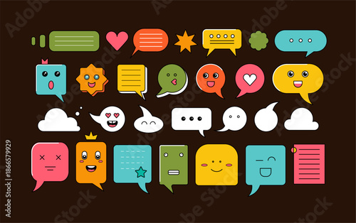 Geometric background with speech bubbles with smiling faces. Abstract set with different shapes text boxes, cute characters of dialog clouds with heart and crown, vector flat illustration