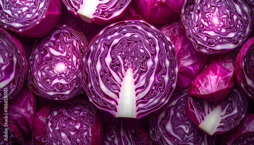 Fresh purple red cabbage slices background texture pattern