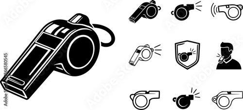 Whistle icon set. Whistle icon collection. Soccer or football match referee whistle vector icon. Trainer coach blow whistle emblem. Vector Illustration.
