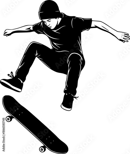 Silhouette of Skateboarder: A dynamic silhouette captures a young skater in mid-air, performing a gravity-defying trick with a skateboard.
