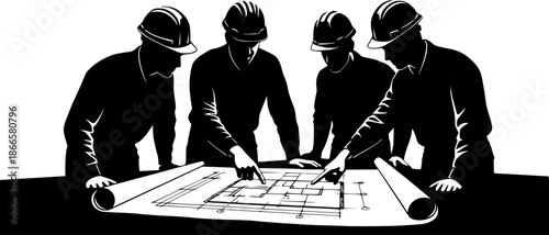 Four construction workers in hard hats reviewing blueprints and plans silhouette
