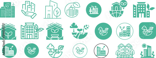 Green city icons set. Includes eco-friendly buildings, renewable energy, sustainable transport, green spaces, and clean environment concepts. Editable stroke. Line icons. Perfect for environmental.
