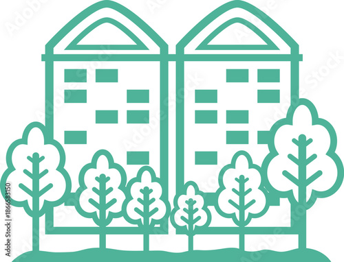 Flat vector illustration of bright green city streetscape with bus stop bikes and lots of trees rounded shapes clean outline clean white Green city skyline and leaves are featured within a rounded.