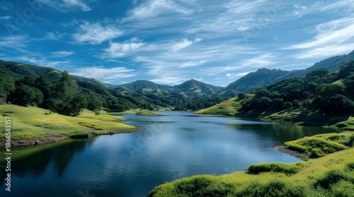 A serene lake nestled within a lush valley surrounded by rolling hills and mountains under a vibrant blue sky with scattered clouds