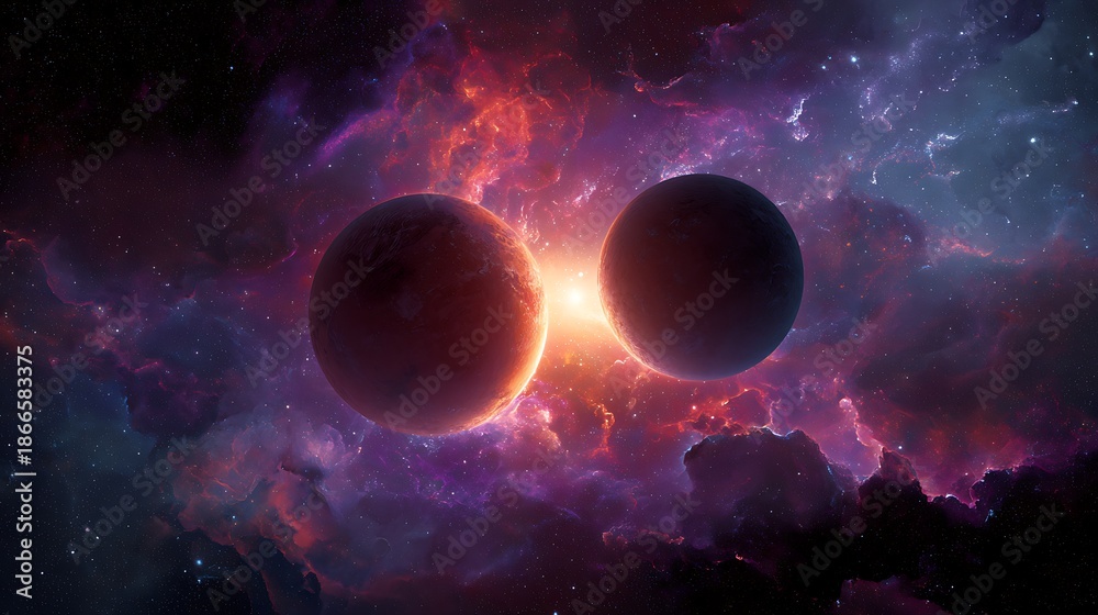 Obraz premium Two celestial bodies surrounded by cosmic nebulas and vibrant colors