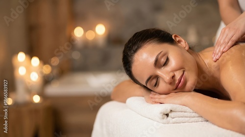 Relaxed woman enjoying a soothing massage in a tranquil spa environment, surrounded by soft candlelight, showcasing the essence of body care and skin rejuvenation