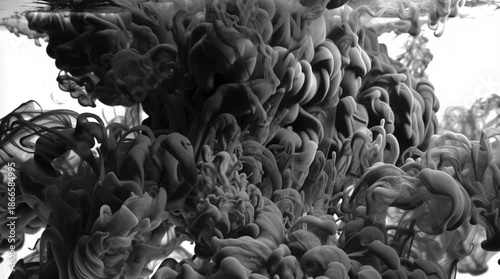 Macro Black Ink Dropping Into Clear Water Smoke Plumes Turbulent Swirls High Contrast Studio Lighting