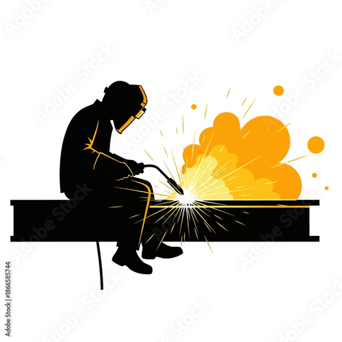 A silhouette of a welder working on a metal beam, generating bright sparks and light in an industrial setting.