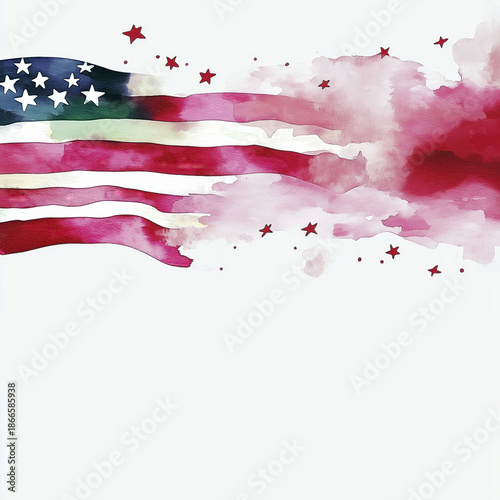 Watercolor american flag with stars and artistic brush strokes in red, white, and blue