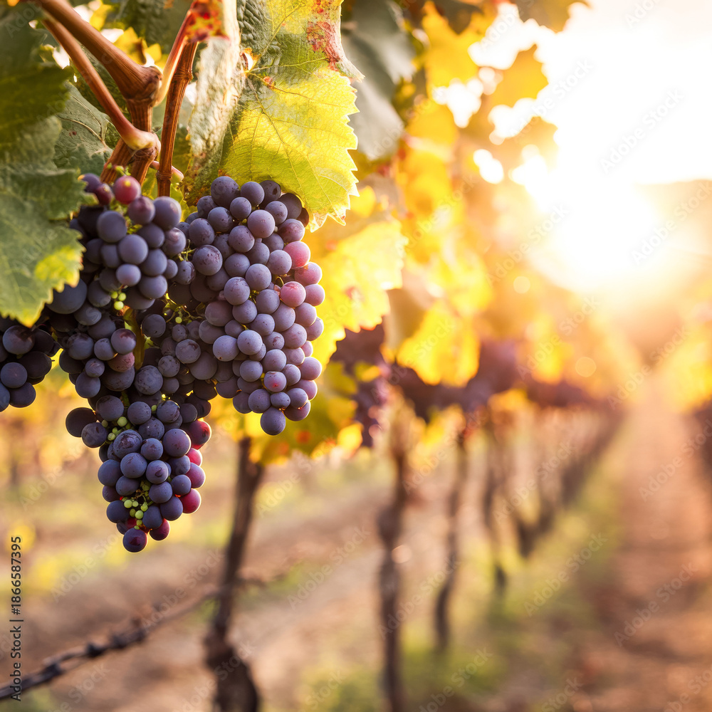 Fototapeta premium Fresh Grape Cluster In Vineyard Golden Light