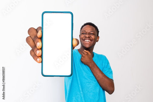 Vászonkép young black man shows blank phone phone screen