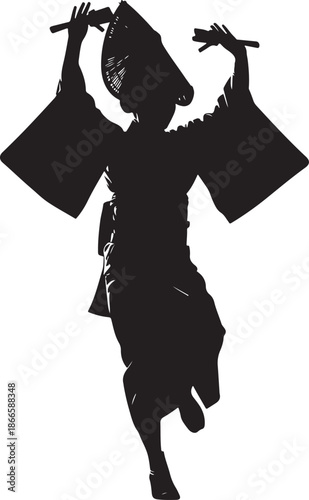 Traditional japanese dancer in kimono performing a dynamic pose silhouette