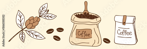 Hand-drawn coffee elements set with coffee branch, beans, sack and paper bag in warm beige tones, cozy rustic illustration