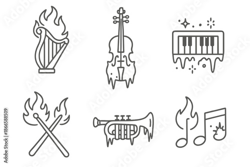 Elemental Music Magic Icons. Line style icons of Elemental Music Magic: fire harp, ice violin, glowing keyboard with frost,