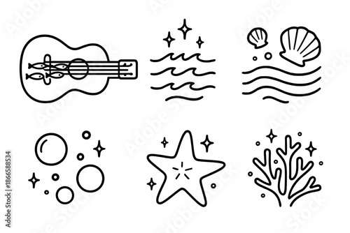 Musical Ocean Icons. Line style icons of Musical Ocean: guitar with tiny fish swimming along strings, glowing waves, floating