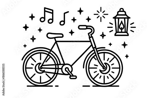 Lunar Melody Ride. Line style icons of Lunar Melody Ride: bicycle with crescent moon pedals, floating glowing notes, tiny stars,