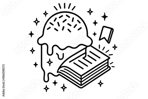 Sweet Knowledge Icons. Line style icons of Sweet Knowledge: melting ice cream forming book pages, glowing sprinkles, floating tiny