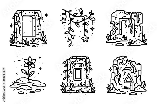 Neon-Nature Fusion Icons. Line style icons of Nature Meets Neon: overgrown ruins with glowing signs, floating vines, tiny