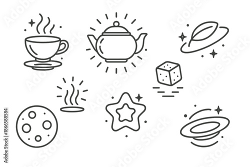 Celestial Tea Icons. Line style icons of Celestial Tea: floating teacup, glowing teapot, orbiting leaf, levitating sugar cube,