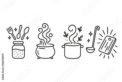 Magical Kitchen Icons. Line style icons of Magical Kitchen: spice jars with levitating utensils, mystical smoke, glowing steam,