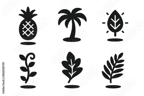 Levitating Tropical Icons. Solid style icons of levitating tropical elements in : floating pineapple, hovering palm, prism flower,
