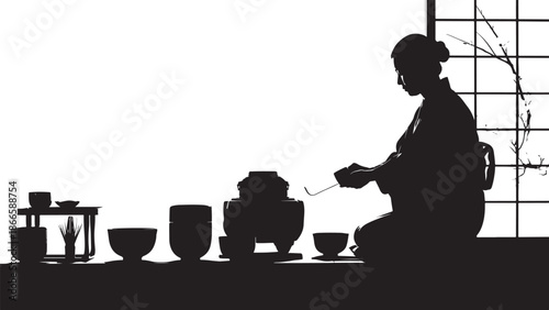 A traditional japanese tea ceremony scene with a figure in silhouette
