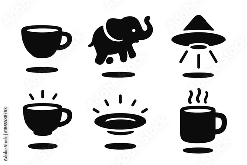 Levitating Objects Icons. Solid style icons of levitating objects in : floating teacup, hovering elephant, prism saucer, radiant