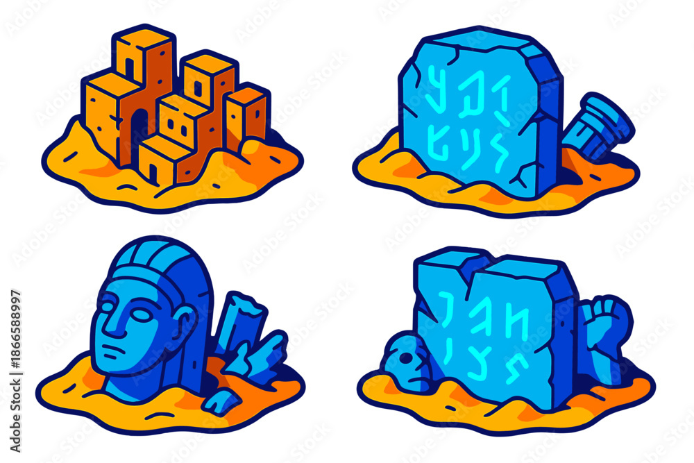 Fototapeta premium Fictional Paleontology Artifacts. Isometric vector illustration set Paleontology of Fictional Civilizations: ancient city blocks