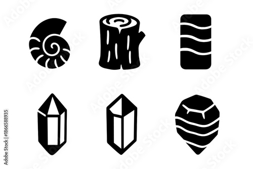 Solid Natural Archives Icons. Solid style icons of natural archives: fossil prism, petrified tree, ice core layers, crystal prism,