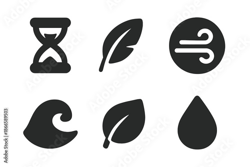 Gentle Motion Icons. Solid style round vector icons of gentle motion: sandglass, feather, breeze, wave, leaf, droplet No text, No