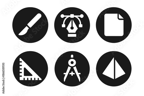 Creative Precision Tools. Solid style round vector icons of creative precision: scalpel, pen tool, paper sheet, compass, square,